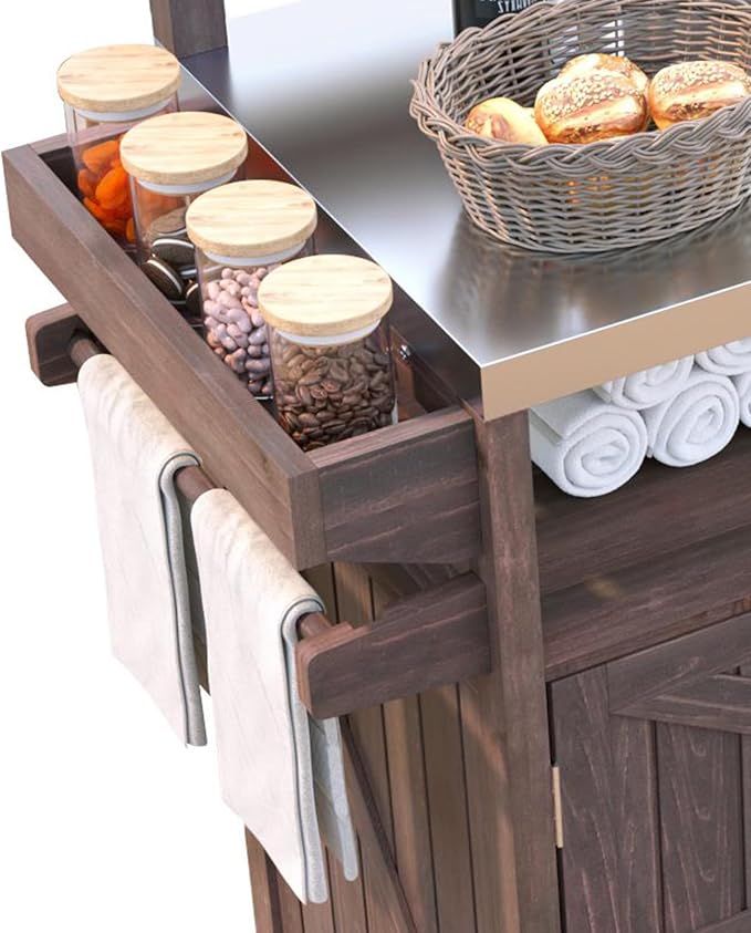 RUNNA Outdoor Kitchen Island with Raised Shelf,Solid Wood Storage Cabinet with Stainless Steel Top,Outdoor Rolling Grill Cart with Internal Storage Rack, Adjustable Shelf,Spice Rack (Brown#028)