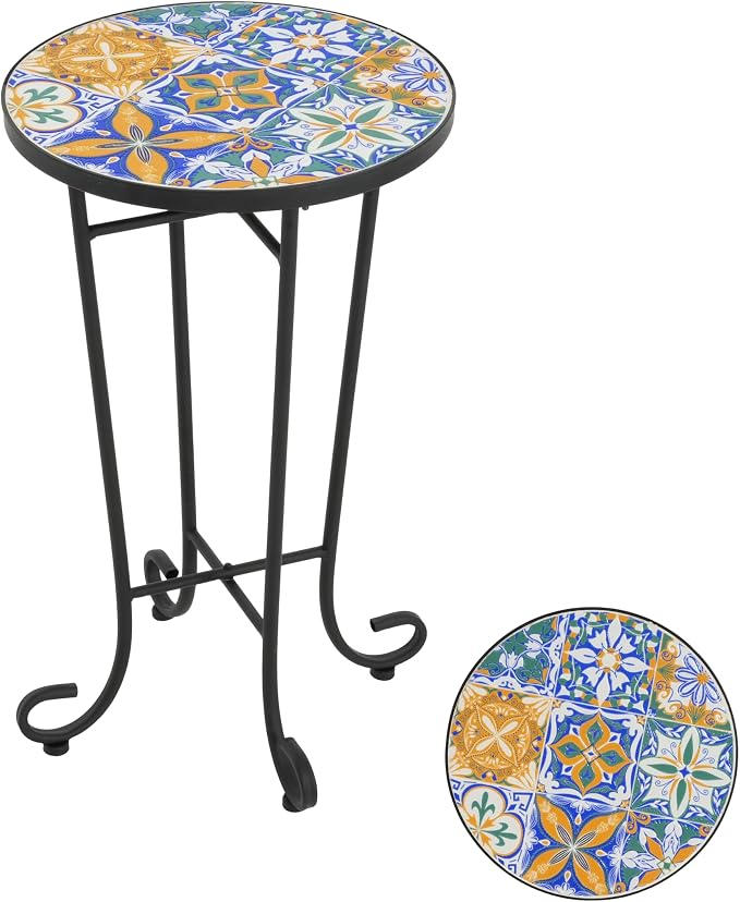 Christopher Knight Home Glady Outdoor Round Side Table, Patio Bistro Table with Ceramic Top and Metal Frame, Small Decorative Accent Table for Patio Garden Porch Balcony, Geometric