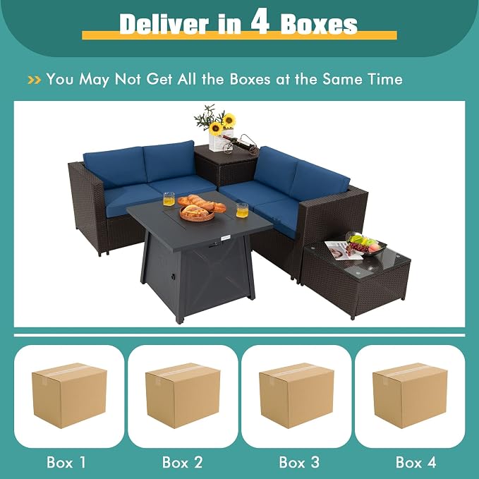 Tangkula 5 Piece Patio Furniture Set with 50,000 BTU Propane Fire Pit Table, Outdoor Wicker Conversation Set w/Cushions, Storage Box and Tempered Glass Coffee Table, 30" Gas Fire Pit Table (Navy)
