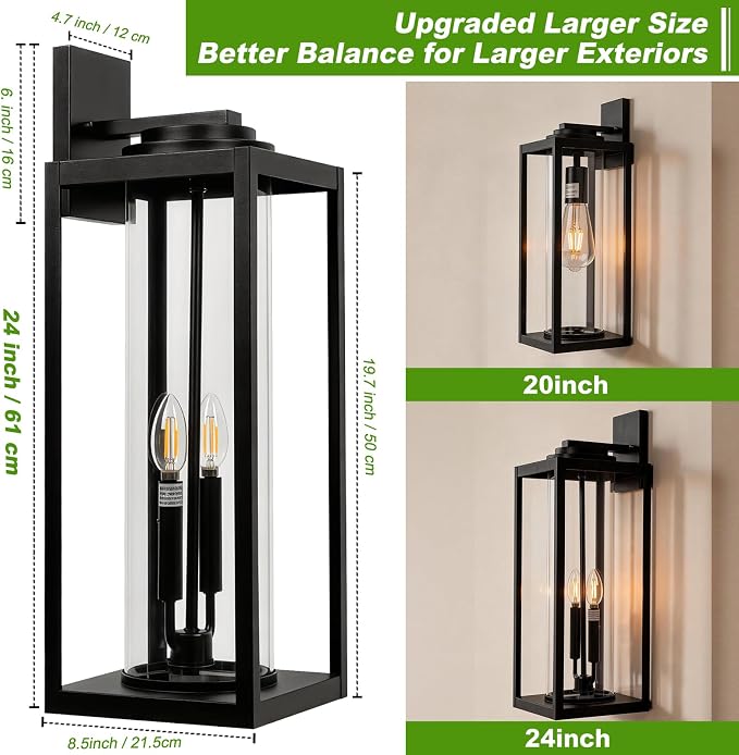 FILIYANO Large 24 Inch Outdoor Wall Light Fixtures, Black, 2-Pack | IP65 Waterproof, Anti Rust, Hardwired, Tempered Glass, E12, 2-light, Modern, Exterior, Porch, Garage and Front Door Lantern