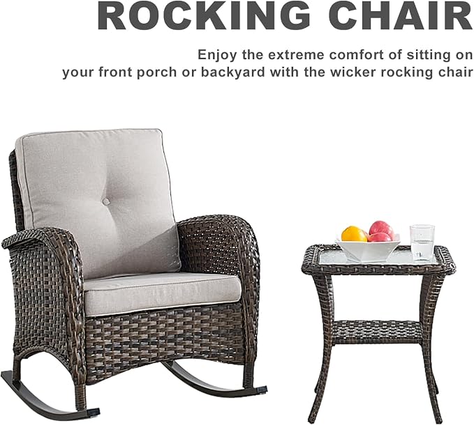 HUMMUH 5-Piece Outdoor Patio Furniture PE Wicker Patio Conversation Set,All-Weather Outdoor Rocking Chairs with Patio Couch Tables for Backyard,Poolside,Deck