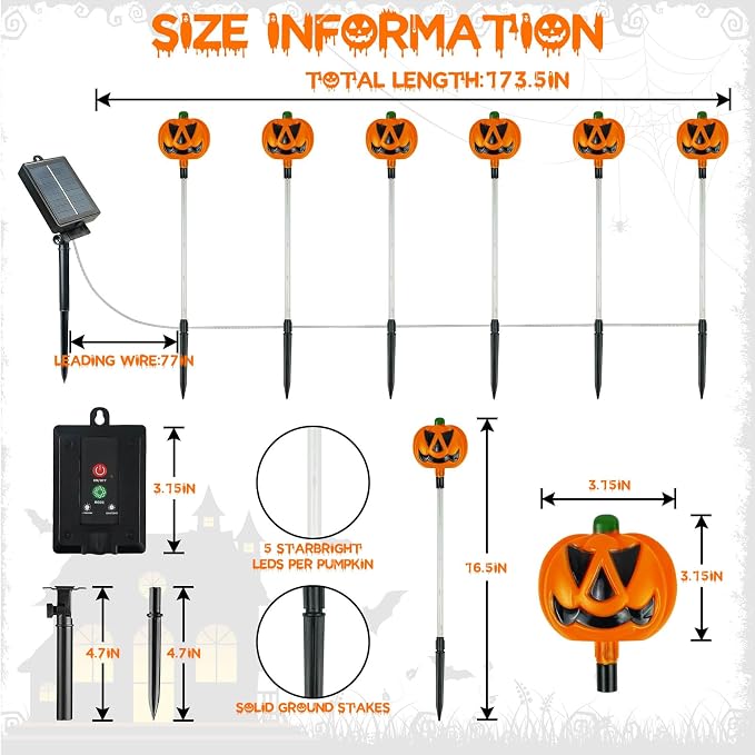 6 Pack Solar Pumpkin Lights Outdoor Waterproof for Halloween Decorations | 8 Modes Halloween Pathway Solar Lights, Orange Purple and Green, for Yard Garden Patio Holiday Party Decor