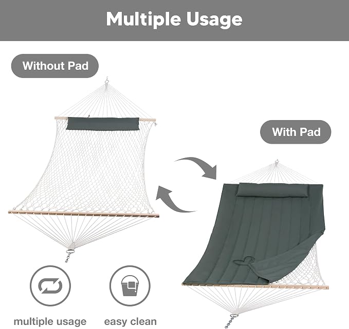 SUNCREAT Portable Double Rope Hammock with Pad, Two Person Tree Hammock for Garden, Backyard, Patio, Poolside, Gray Green