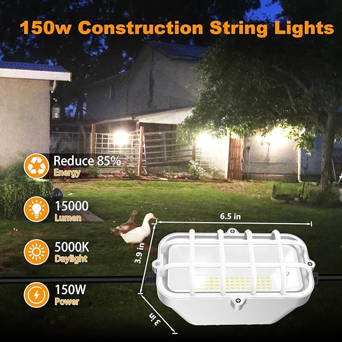 50ft LED Construction String Lights,Super Bright 150W 15000LM Waterproof IP67 Led String Work Lights, Construction Temporary Lights (Upgrad 50ft-5lights).