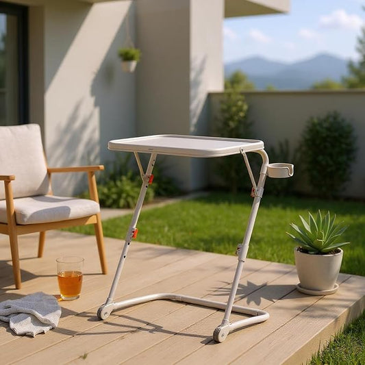 Homy Casa Folding Patio Dining Table Portable Coffee Desk with Adjustable Height Tilt Top and Cup Holder for Garden Balcony and Terrace (Beige)