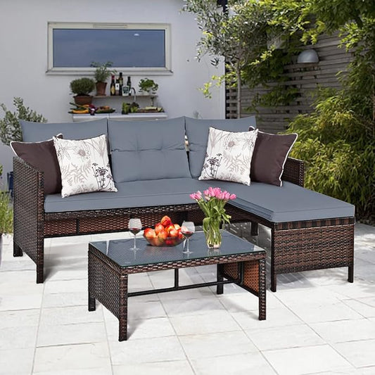 3 Pieces Rattan Sectional Sofa Set, Patio Wicker Rattan Conversation Set with Chaise Lounge, Love Seat & Coffee Table, Patio Furniture Set for Garden, Lawn, Poolside (Gray)
