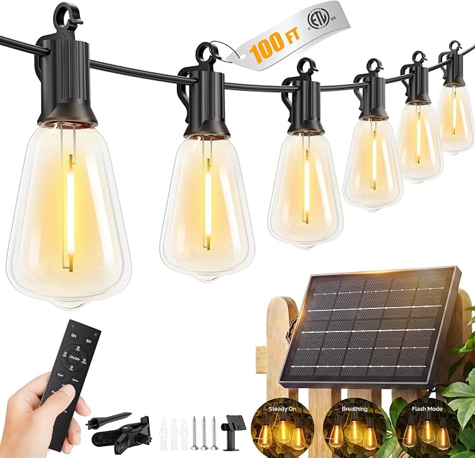 Brightown 100FT Solar String Lights Outdoor, 31+2 Shatterproof LED Bulbs | Waterproof, Remote Control, Dimmable, Timer, 3 Light Modes, Up to 26H Runtime for Backyard, Patio and Party Decor