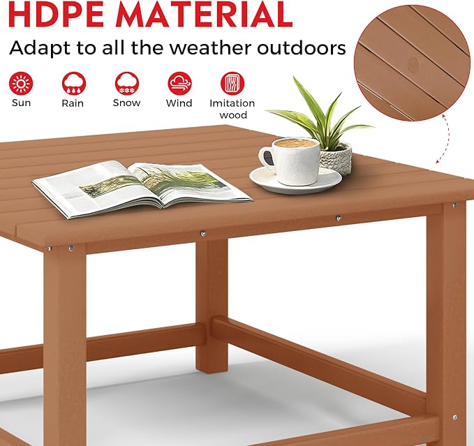 Costaelm Patio Conversation Table, Tatio Accent HDPE Outdoor Weather Resistant, Square Outdoor Porch Balcony Patio Drink Table for Outside, Pool, Backyard, Teak