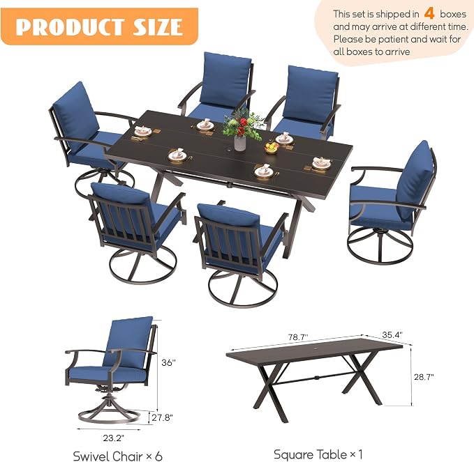 7-Piece Patio Dining Set Outdoor Conversation Set,Metal Outdoor Furniture Set with Umbrella Hole Cut-Out 78.7" x 35.4" Table and 6 Metal Backrest Swivel Chairs for Backyard,Garden,NavyBlue
