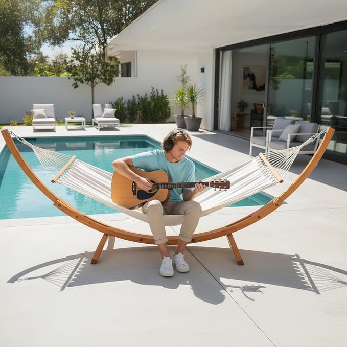 ONCLOUD Premium Double Hammock Set with Curved Hardwood Stand - 10.5ft Outdoor Relaxation System (400lb Capacity)