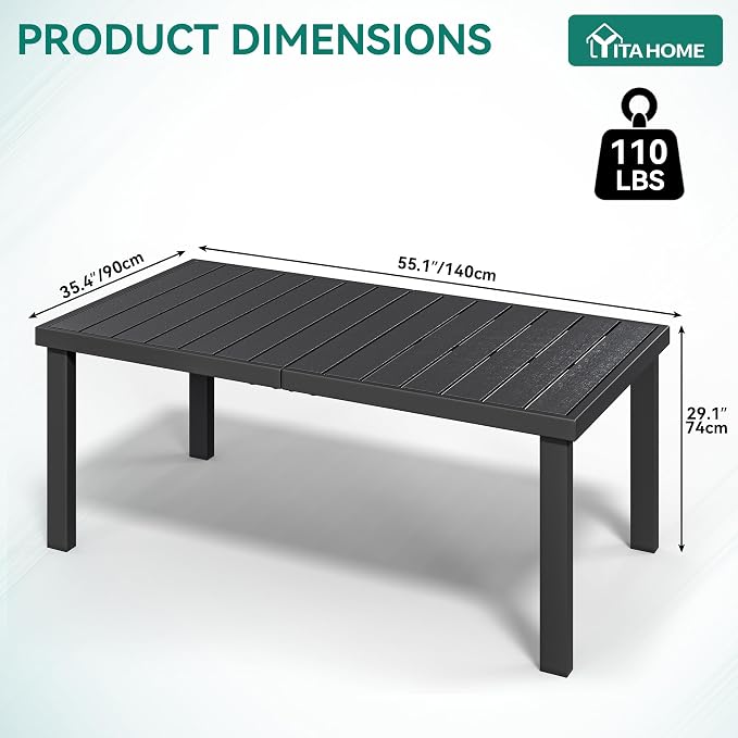YITAHOME Aluminum Patio Dining Table for 6, 55" Outdoor Dining Table, E-Coated Rectangular Patio Table for Backyard Garden Lawn, Black