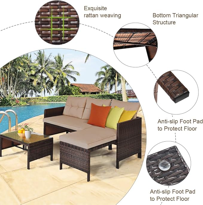 3 Pieces Rattan Sectional Sofa Set, Patio Wicker Rattan Conversation Set with Chaise Lounge, Love Seat & Coffee Table, Patio Furniture Set for Garden, Lawn, Poolside (Brown)