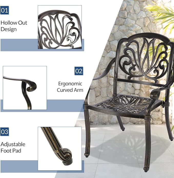 9-Piece Patio Cast Aluminum Dining Set, 8 Person Outdoor Dining Furniture Set, Includes 8 Chairs and 61" Large Round Dining Table with 31" Lazy Susan, Umbrella Hole for Lawn Deck Garden