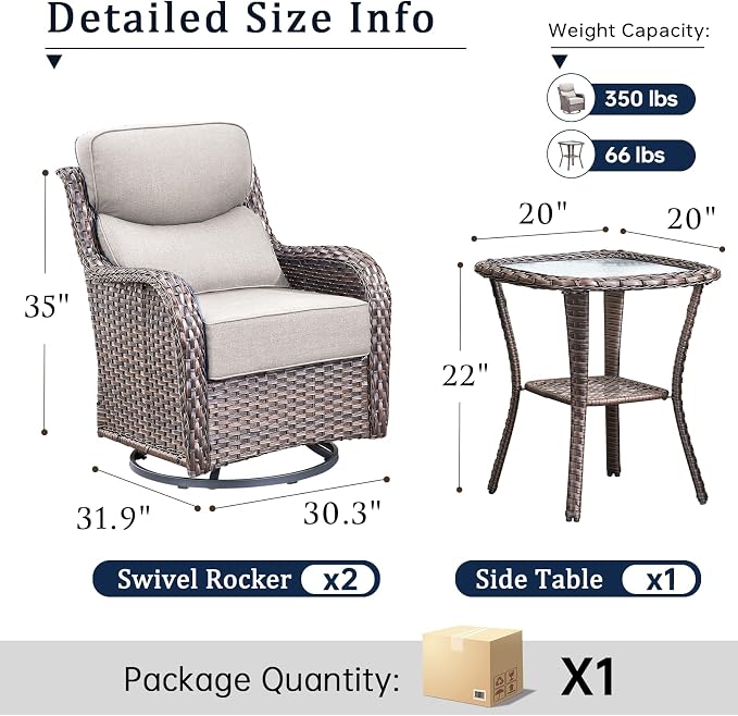 Luxury High Back Outdoor Swivel Rocker Patio Chairs with Side Table & 6-Inch Thick Cushions, 3 Pieces Patio Furniture Set for Porch, Balcony, Deck and Yard