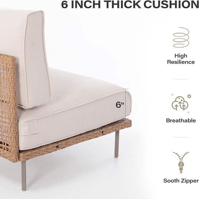 LAUSAINT HOME 7-Piece Outdoor Patio Furniture Set, Wicker Outdoor Conversation Set PE Rattan Sectional Sofa with Washable Cushions and Tempered Glass Table for Garden (Beige)