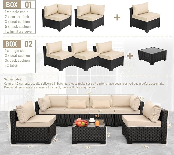 7 Pieces Patio Rattan Sectional Conversation Sofa Set PE Outdoor Wicker Furniture Set with Khaki Cushions and Glass Top Table