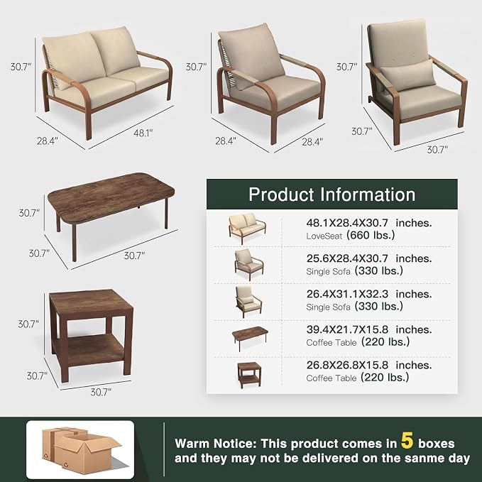 7-Piece Aluminum Outdoor Patio Furniture Set, Modern Conversation Set with Sofa, Loveseat, Chairs, Coffee Tables & Washable Cushions for Backyard Garden Balcony Deck