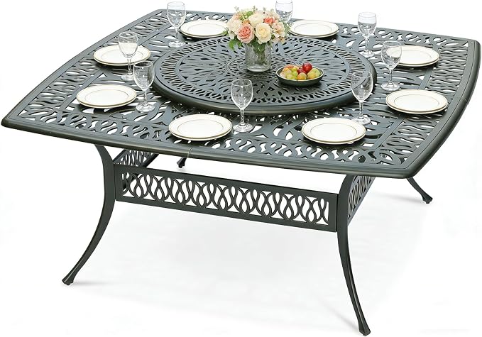 MEETWARM Outdoor 64" Square Patio Dining Table with Detachable Lazy Susan, All Weather Cast Aluminum Large Patio Furniture Table Set for 8 Seat with 35.4" Rotating Tray, Umbrella Hole, Dark Bronze