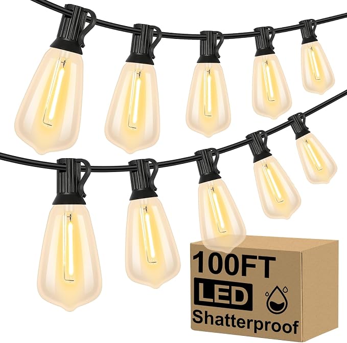 Brightever LED Outdoor String Lights 100FT Patio Lights with 52 Shatterproof 2200K ST38 Vintage Edison Bulbs, Amber Outside Hanging Light Waterproof for Porch, Deck, Garden, Dimmable Amber Lights