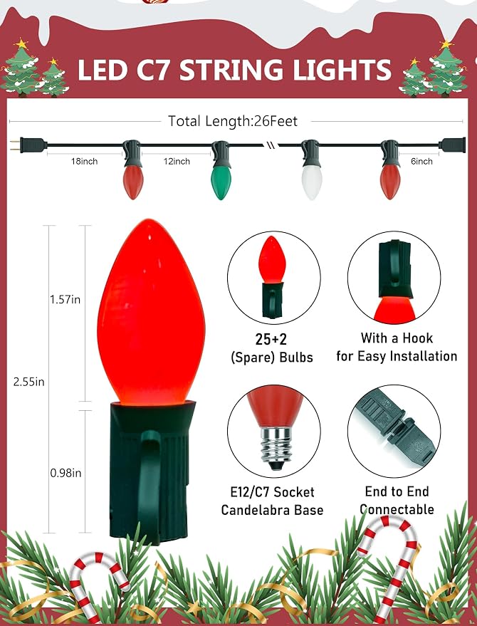 C7 Multicolor Vintage Christmas Lights, 26Ft Red White and Green Christmas Outdoor String Lights with 27 LED Bulbs, Hanging Old Fashioned Lights for Xmas Tree Patio Roofline Party Wedding Decoration