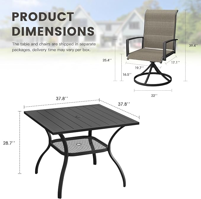 Outdoor Dining Set for 4, 37.8" Outdoor Dining Table with Umbrella Hole and Padded Textilene Patio Swivel Chairs, 5 Pieces Patio Table and Chairs Set for Garden Backyard, Mixed Brown and Black