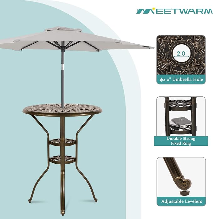 MEETWARM Patio Height Bar Table, 31" Bar Height Bistro Table, Outdoor Cast Aluminum Bistro Round High Top Dining Table with 2" Umbrella Hole for Garden Deck Backyard, Dark Bronze