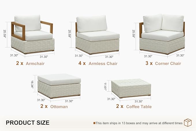 PURPLE LEAF Patio Outdoor Furniture Set 13 Pieces, Premium Leather Outdoor Couch Sectional Sofa, Modular Patio Conversation Sets with Olefin Cushions, Patio Couch for Porch, Balcony, Garden, White