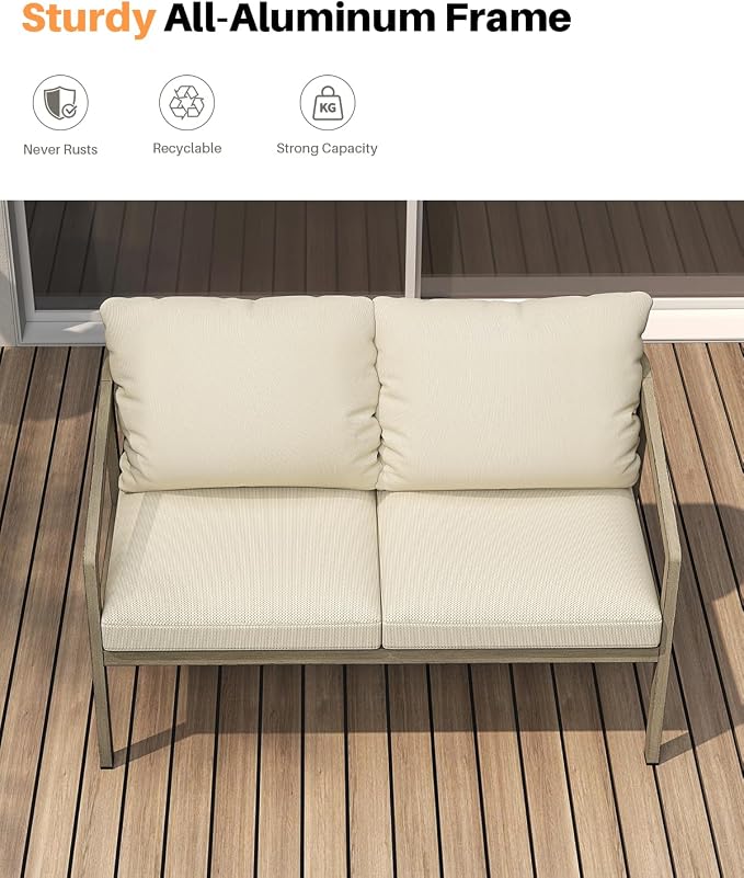 Outdoor Patio Loveseat, Never-Rust Aluminum Outdoor Loveseat Couch with Thick Cushions, Modern 2-Seater Patio Sofa Bench, Outdoor Sofa Loveseat Furniture for Poolside, Garden, Gray Oak
