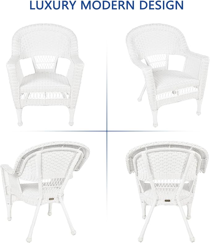 Jeco Carell Furniture 3 Piece Wicker Conversation Set in White with Blue Cushions