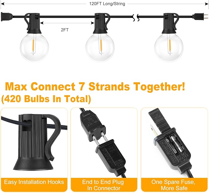 120FT Outdoor G40 LED Globe String Lights Dimmable Waterproof Shatterproof | Light Strings with 60 Bulbs Connectable Commercial Hanging Lights for Christmas Patio House Backyard Balcony Party