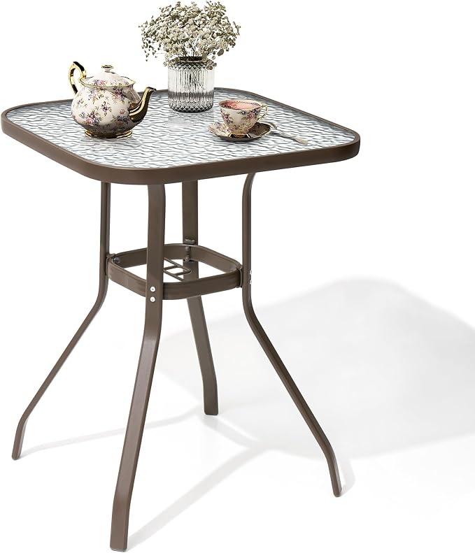 Crestlive Products Outdoor Bar Table with Umbrella Hole, Patio Dining Bistro Table with Aluminum Frame Tempered Glass Top, Outside Banquet Furniture for Garden, Pool, Deck, Lawn (Brown)