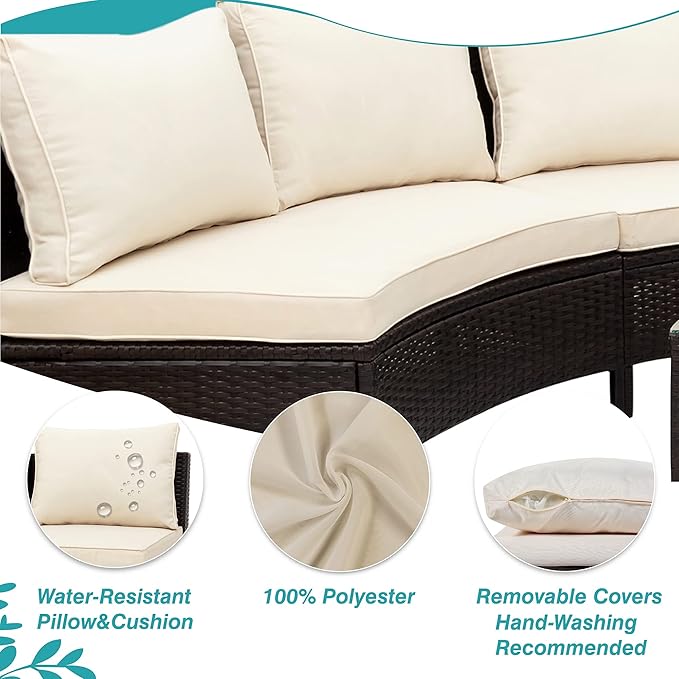 5-Piece Half Moon Outdoor Sectional Sofa Set, Patio All-Weather PE Wicker Furniture with Pillows, Cushions and Half-Moon Tempered Glass Table,Beige