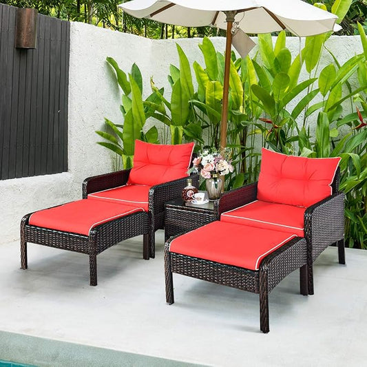 COSTWAY 5 PCS Patio Rattan Furniture Set, Outdoor Cushioned Sofa with Ottomans and Coffee Table, Wicker Conversation Set for Backyard Porch Lawn Poolsid, Red