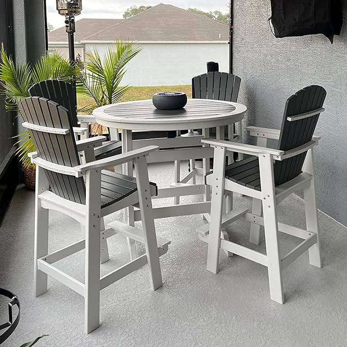 JUSTONE 5 Pcs Outdoor Patio Bar Stools Set, 4 Bar Stools and Table with Umbrella Hole, All-Weather Patio Bistro Set,Outdoor Bistro Set for Lawn Garden, Balcony,HDPE Material (5-Pcs, Grey and White)