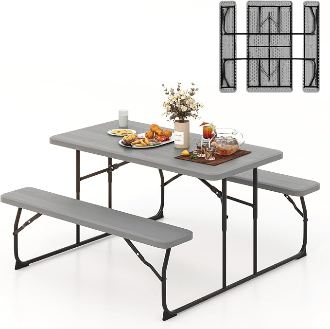 Tangkula Folding Picnic Table with 2 Benches, Outdoor Metal Camping Table Set with Plastic Wood-Like Texture Tabletop & Steel Frame, Foldable Camping Table for Picnic, Party, BBQ (Grey)