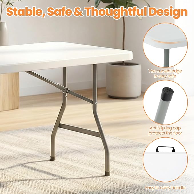 6 FT Folding Table Set with 6 White Plastic Folding Chairs, Heavy Duty Fold-in-Half Utility Table Sets for Picnic, Event, Training, Outdoor Activities, at Home and Commercial Use