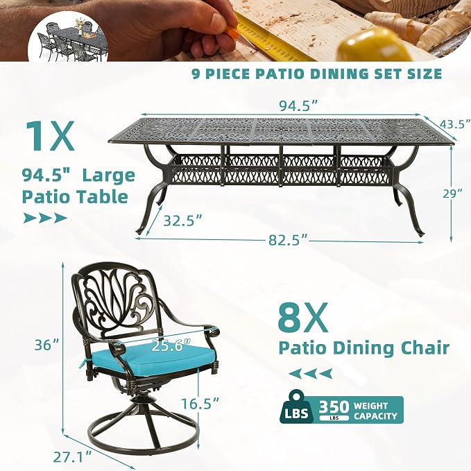 MEETWARM 9-Piece Outdoor Patio Dining Set for 8, All Weather Cast Aluminum Patio Funiture Table and Chairs Set- 94.5” Rectangular Table and 8 Cushioned Swivel Rocker Chairs, Umbrella Hole, Ocean Blue