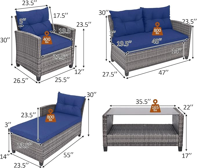 Tangkula 4 Pieces Rattan Conversation Set, Patiojoy Outdoor Furniture Set with Cushions, Lounge Sofa Set with Coffee Table, Patio Sectional Sofa Set for Patio Garden Poolside Backyard (Navy)