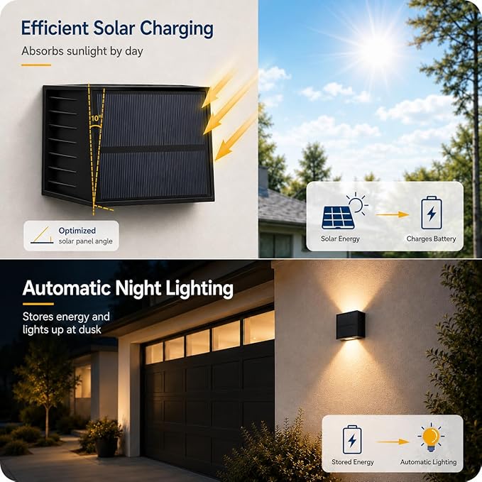 Solar Wall Lights Outdoor, Warm White, 6 Pack | IP65 Waterproof Up and Down Wall Lighting, Solar Outdoor Light Decorative for Porch, Garage, Doorway, Patio, Fence