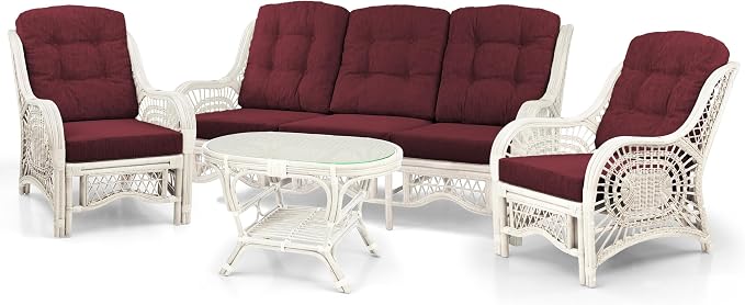 Malibu Lounge Set of 4: 2 Natural Rattan Wicker Chairs, Three-Seater Sofa with Dark Brown Cushions and Coffee Table with Glass Handmade, White Color