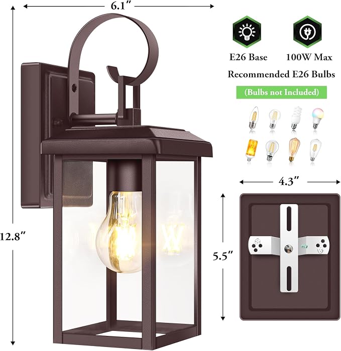 BesLowe 2-Pack Outdoor Wall Light Fixtures, Modern Porch Sconces, Brown | Waterproof, Rust-Resistant, Durable Metal with Clear Glass, Standard E26 Socket, Easy to Install