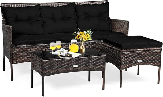 HAPPYGRILL 3-Piece Patio Furniture Set Outdoor Rattan Conversation Set with Coffee Table, Seat & Back Cushions, Sectional Sofa Set for Poolside Balcony Backyard