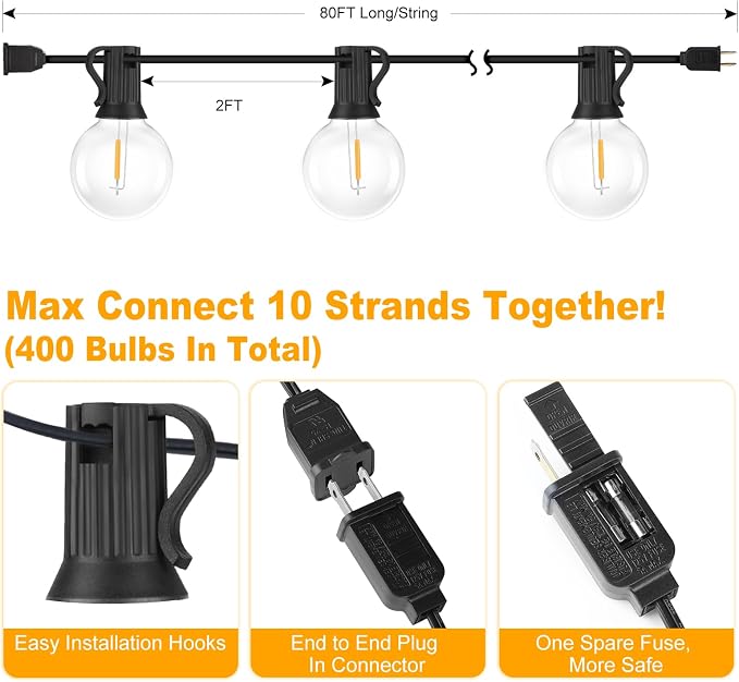 80FT Outdoor G40 LED Globe String Lights Dimmable Waterproof | Light Strings with 40 Shatterproof Bulbs Connectable Commercial Hanging Lights for Christmas Patio Backyard Balcony Party