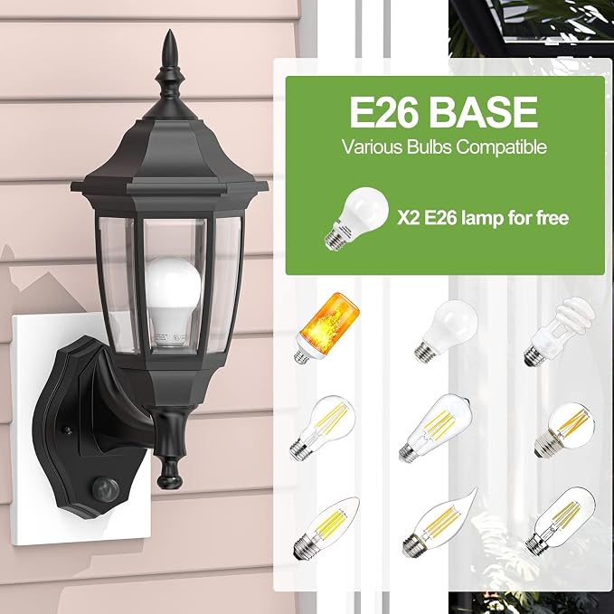 EMART Dusk to Dawn Plastic Outdoor Wall Light Fixtures(2 Pack, Black) | Include Bulbs, Waterproof and Anti-Corrosion, Wall Mount Porch Sconces for Outside, Garage, Front Door, House, Patio