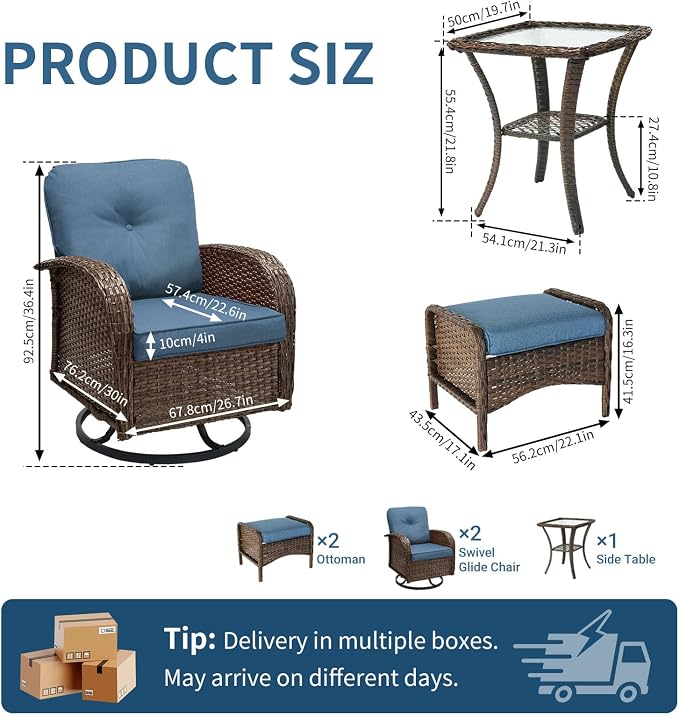 All Weather Patio Furniture Set, High Back Swivel Rocker Glider Chairs，Ottomans & Glass Tables, Outdoor Conversation Set for Deck Porch Yard Poolside (Blue, 5PCS-Swivle Chairs&Ottomans&Table)