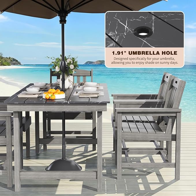 7-Piece HIPS Patio Dining Set, 66.9" W Marble Texture Outdoor Table with Umbrella Hole & 440LBS Capacity & Galvanized Steel Frame, 6 Chairs | 19.7" W, Dining Table Furniture Set for 6, Grey