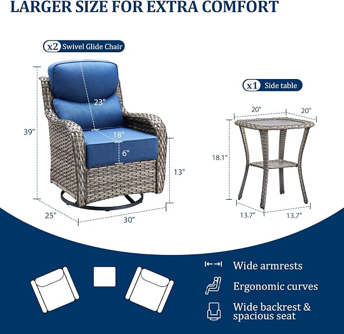 Luxury Swivel Rocker Chairs Set with 6" Thick Cushion 3 piece Wicker Outdoor Swivel Rocker Patio Chair with Side Table High Back Comfortable Outdoor Patio Furniture Set - Gery | Blue