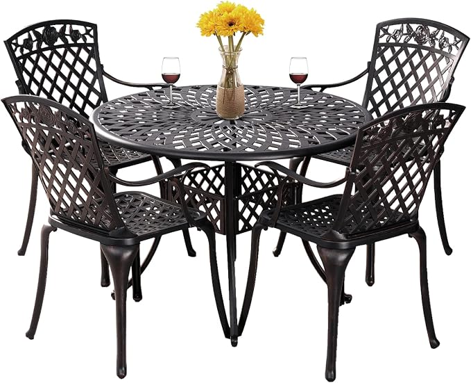 42" Round Patio Table and Chair Set of 4 Cast Aluminum Patio Table with 1.97" Umbrella Hole,All Weather 5 Piece Patio Dining Set Outdoor Patio Bistro Set for Garden,Patio(Bronze)