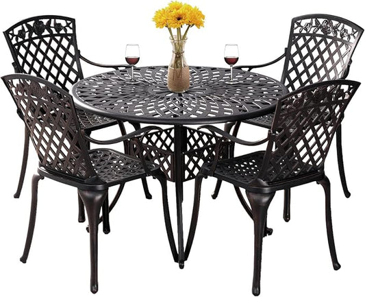 42" Round Patio Table and Chair Set of 4 Cast Aluminum Patio Table with 1.97" Umbrella Hole,All Weather 5 Piece Patio Dining Set Outdoor Patio Bistro Set for Garden,Patio(Bronze)