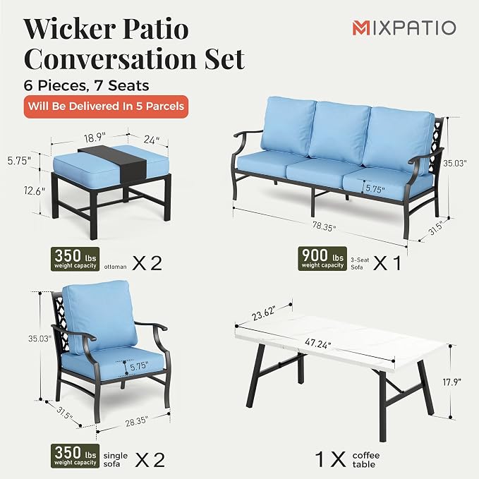 MIXPATIO Patio Furniture Set 6 pcs, Outdoor Patio Furniture, 3-Seat Sofa, 2 Single Chairs, 2 Ottomans, Coffee Table and 5.75" Extra Thick Cushion, Patio Conversation Set for Garden Backyard Deck,Blue